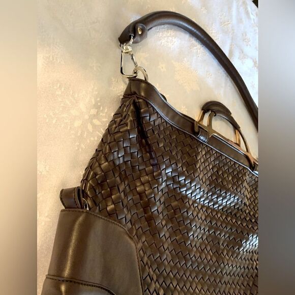 JM Convertible Handbag 3 Ways to Wear Brown Woven Vegan Leather Gorgeous - Picture 7 of 14